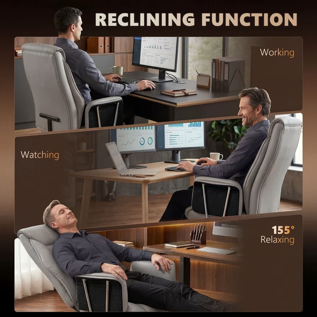 Alt view image 3 of 7 - Massage Chair with Point Vibration, 155° Recline and Retractable Footrest Leather Executive Computer Desk Chair