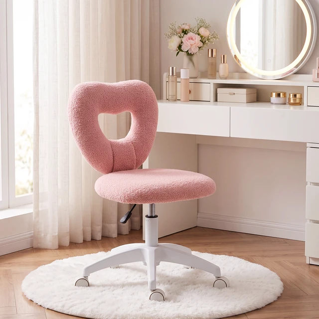 Alt view image 2 of 7 - Armless Desk Chair, Height Adjustable Computer Task Chair Teddy Fleece Heart Makeup Vanity with Swivel Wheels, Pink