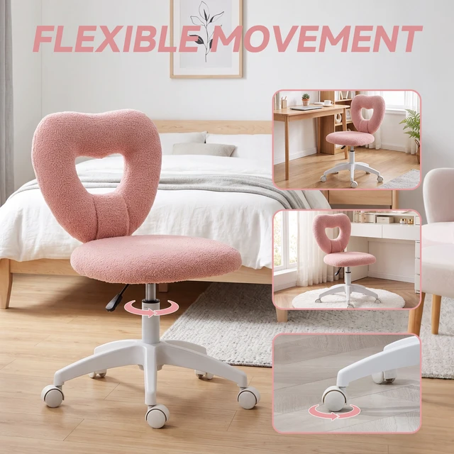 Alt view image 4 of 7 - Armless Desk Chair, Height Adjustable Computer Task Chair Teddy Fleece Heart Makeup Vanity with Swivel Wheels, Pink