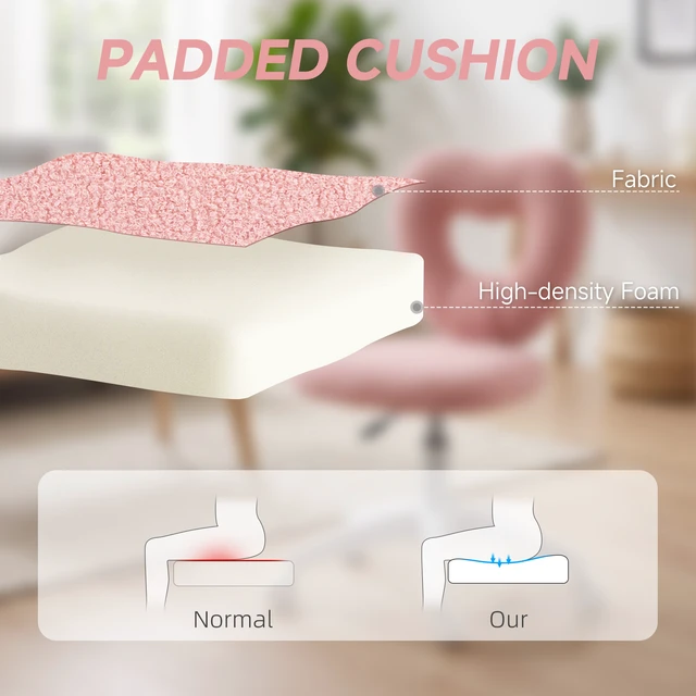 Alt view image 6 of 7 - Armless Desk Chair, Height Adjustable Computer Task Chair Teddy Fleece Heart Makeup Vanity with Swivel Wheels, Pink