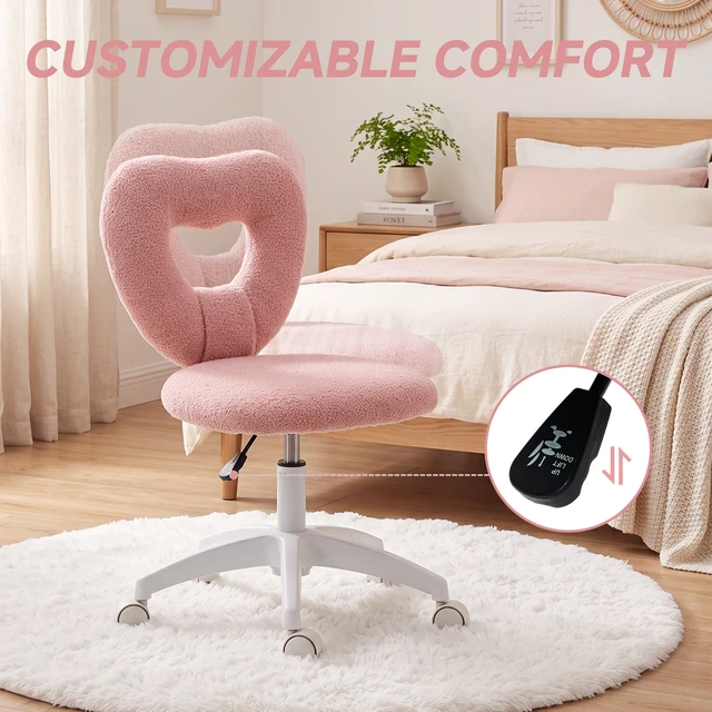 Alt view image 3 of 7 - Armless Desk Chair, Height Adjustable Computer Task Chair Teddy Fleece Heart Makeup Vanity with Swivel Wheels, Pink