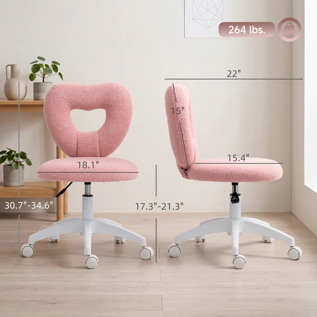 Alt view image 7 of 7 - Armless Desk Chair, Height Adjustable Computer Task Chair Teddy Fleece Heart Makeup Vanity with Swivel Wheels, Pink