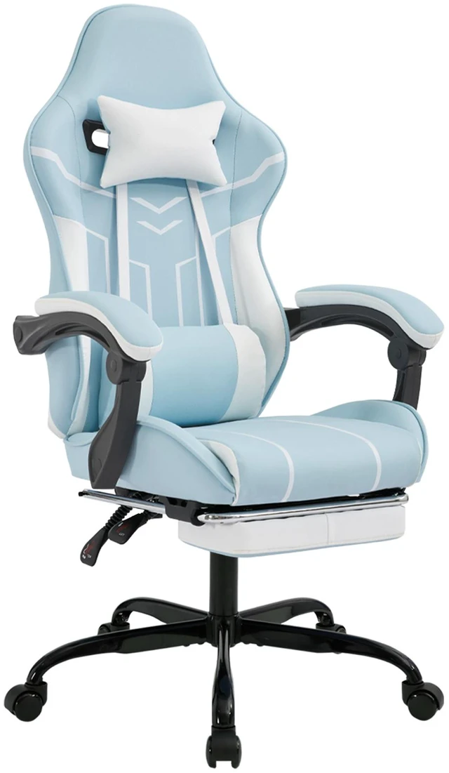 Alt view image 2 of 7 - Gaming Chair, Computer Chair Ergonomic with Footrest Ergonomic Computer with Lumbar Backrest Bluewhite, Blue, Leather