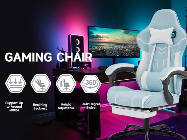Alt view image 5 of 7 - Gaming Chair, Computer Chair Ergonomic with Footrest Ergonomic Computer with Lumbar Backrest Bluewhite, Blue, Leather