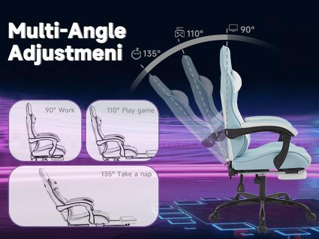 Alt view image 7 of 7 - Gaming Chair, Computer Chair Ergonomic with Footrest Ergonomic Computer with Lumbar Backrest Bluewhite, Blue, Leather