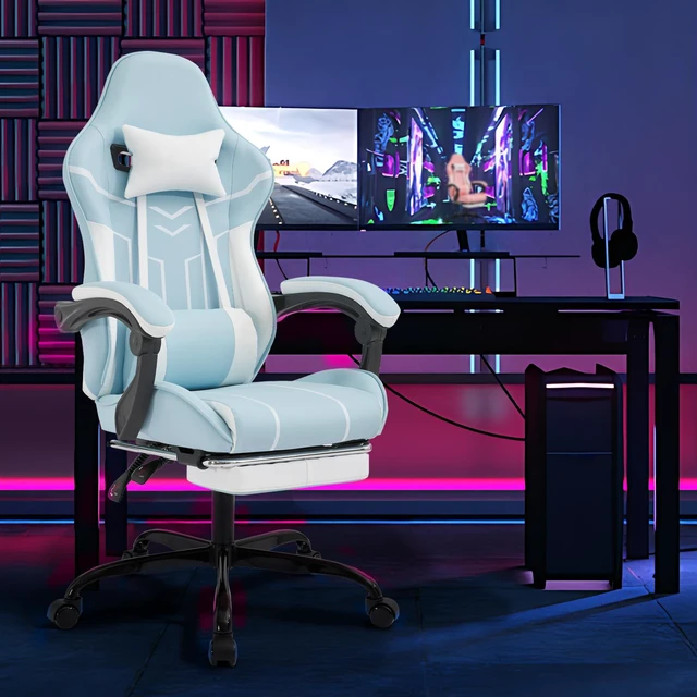 Alt view image 6 of 7 - Gaming Chair, Computer Chair Ergonomic with Footrest Ergonomic Computer with Lumbar Backrest Bluewhite, Blue, Leather