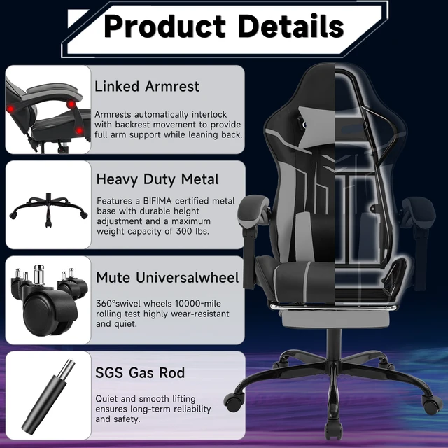 Alt view image 4 of 7 - Gaming Chair, Computer Chair Ergonomic with Footrest Ergonomic Computer with Lumbar Backrest Blackgray, Black Gray
