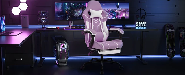 Alt view image 2 of 7 - Gaming Chair, Computer Chair Ergonomic with Footrest Ergonomic Computer with Lumbar Backrest Purplewhite, White Purple