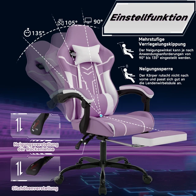 Alt view image 5 of 7 - Gaming Chair, Computer Chair Ergonomic with Footrest Ergonomic Computer with Lumbar Backrest Purplewhite, White Purple