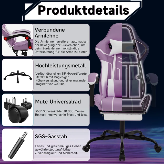 Alt view image 7 of 7 - Gaming Chair, Computer Chair Ergonomic with Footrest Ergonomic Computer with Lumbar Backrest Purplewhite, White Purple