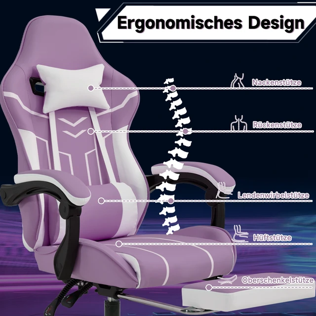 Alt view image 6 of 7 - Gaming Chair, Computer Chair Ergonomic with Footrest Ergonomic Computer with Lumbar Backrest Purplewhite, White Purple