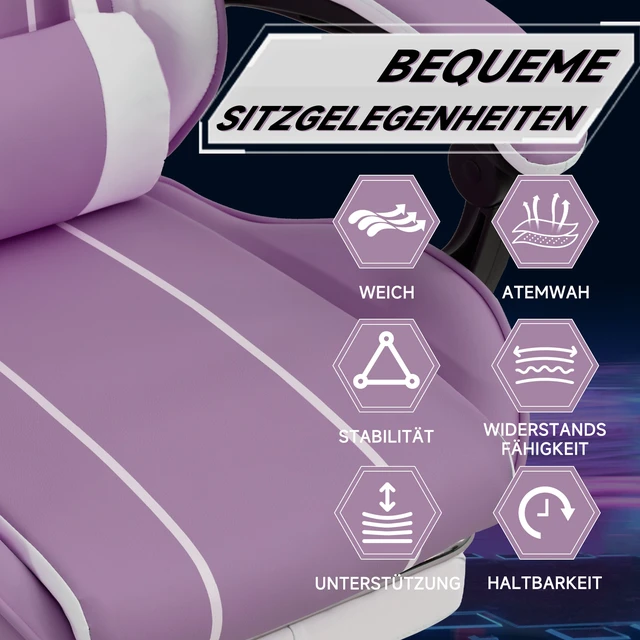 Alt view image 4 of 7 - Gaming Chair, Computer Chair Ergonomic with Footrest Ergonomic Computer with Lumbar Backrest Purplewhite, White Purple