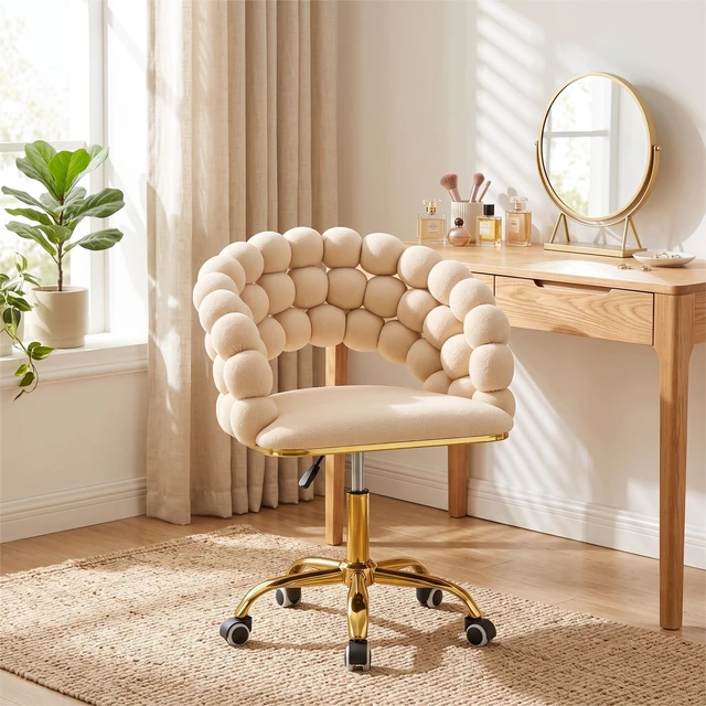 Alt view image 4 of 7 - Velvet Bubble Back Vanity Chair, Adjustable Height 360° Swivel Makeup Chair with Gold Metal Base and Silent Rolling