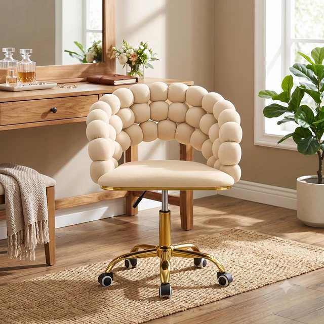 Alt view image 2 of 7 - Velvet Bubble Back Vanity Chair, Adjustable Height 360° Swivel Makeup Chair with Gold Metal Base and Silent Rolling