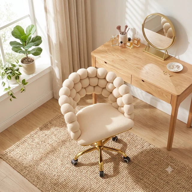 Alt view image 3 of 7 - Velvet Bubble Back Vanity Chair, Adjustable Height 360° Swivel Makeup Chair with Gold Metal Base and Silent Rolling
