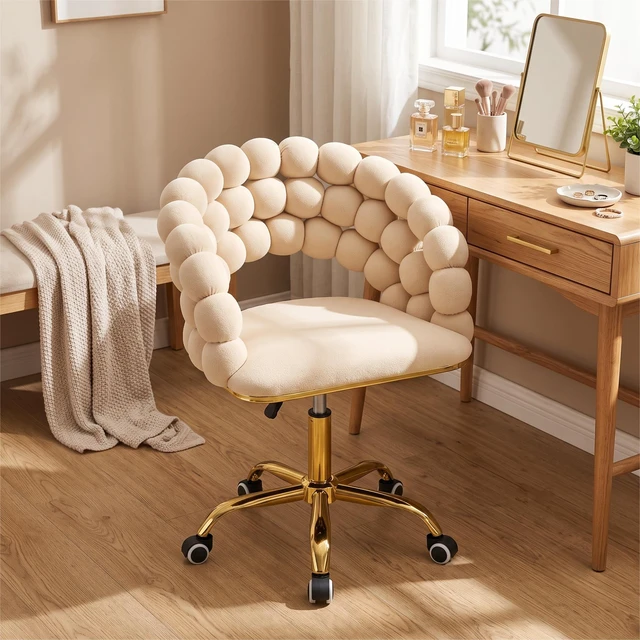 Main image of Velvet Bubble Back Vanity Chair, Adjustable Height 360° Swivel Makeup Chair with Gold Metal Base and Silent Rolling