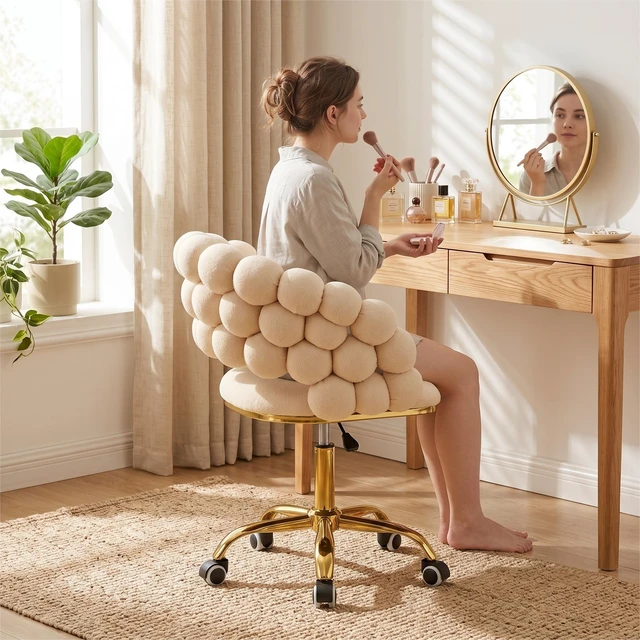 Alt view image 5 of 7 - Velvet Bubble Back Vanity Chair, Adjustable Height 360° Swivel Makeup Chair with Gold Metal Base and Silent Rolling
