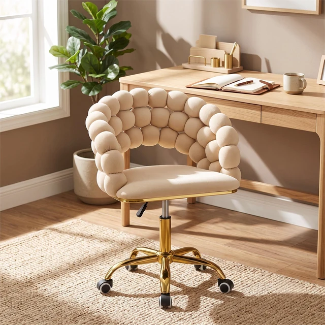 Alt view image 6 of 7 - Velvet Bubble Back Vanity Chair, Adjustable Height 360° Swivel Makeup Chair with Gold Metal Base and Silent Rolling