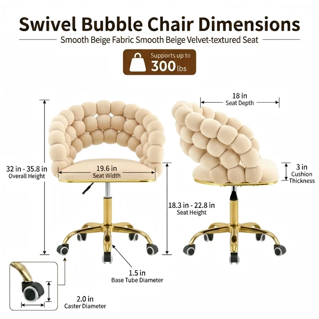 Alt view image 7 of 7 - Velvet Bubble Back Vanity Chair, Adjustable Height 360° Swivel Makeup Chair with Gold Metal Base and Silent Rolling