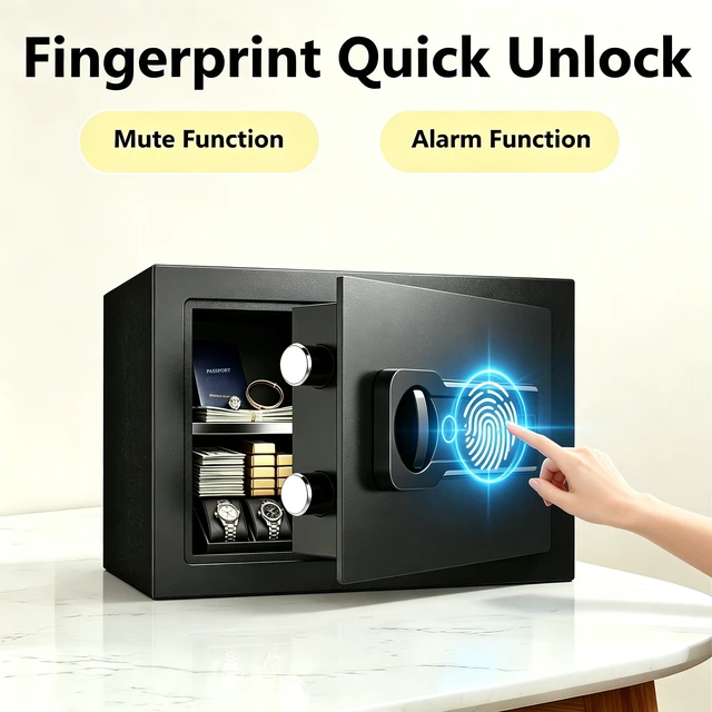 Alt view image 2 of 7 - Feet Small Safe Box, Fingerprint and Digital Keypad Lock Steel Security Cabinet for Valuables Storage, Black, Metal