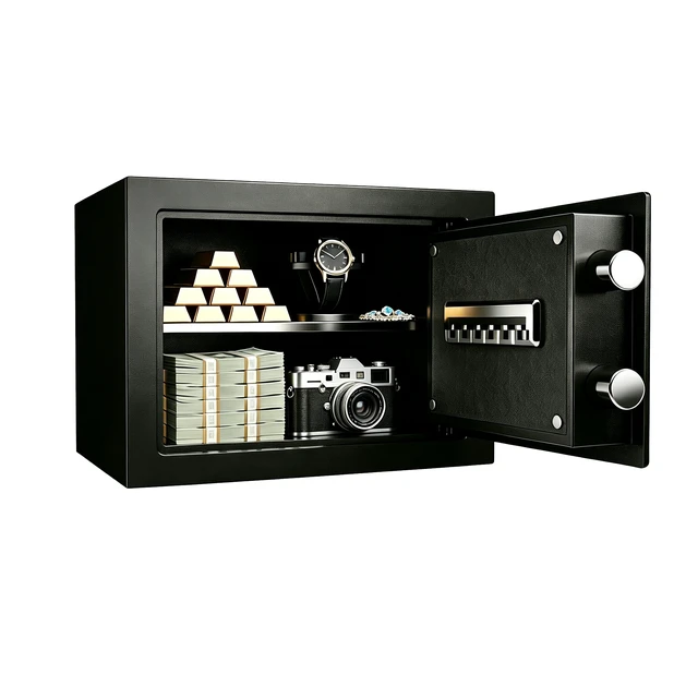 Alt view image 6 of 7 - Feet Small Safe Box, Fingerprint and Digital Keypad Lock Steel Security Cabinet for Valuables Storage, Black, Metal