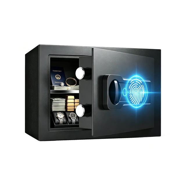 Alt view image 5 of 7 - Feet Small Safe Box, Fingerprint and Digital Keypad Lock Steel Security Cabinet for Valuables Storage, Black, Metal