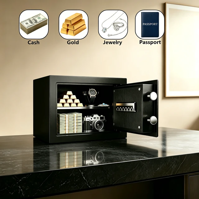 Alt view image 3 of 7 - Feet Small Safe Box, Fingerprint and Digital Keypad Lock Steel Security Cabinet for Valuables Storage, Black, Metal