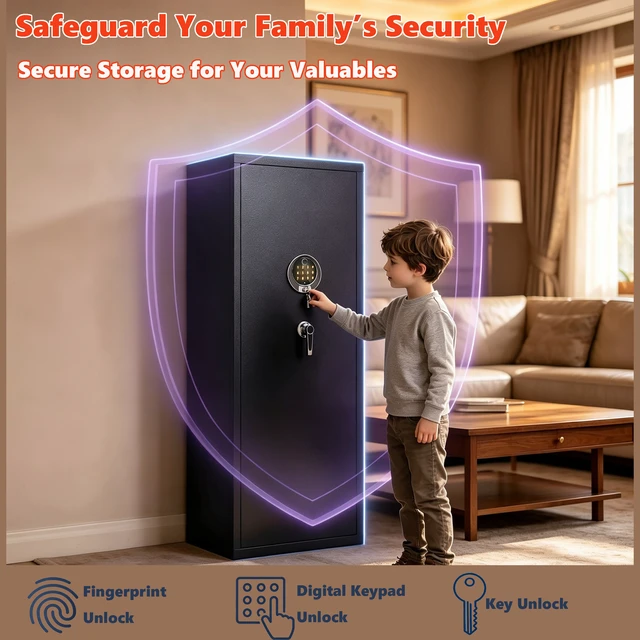 Alt view image 7 of 7 - Rifle Safe, Long Guns and Handguns Storage Fingerprint Password Unlock Alarm and Silent Mode Assembly Required, Black