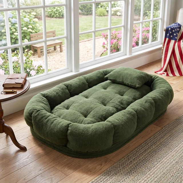 Alt view image 2 of 7 - Convertible Floor Chair and Pet Bed in Adjustable Reclining Lounger with Removable Pillow, Green, Fabric and Metal