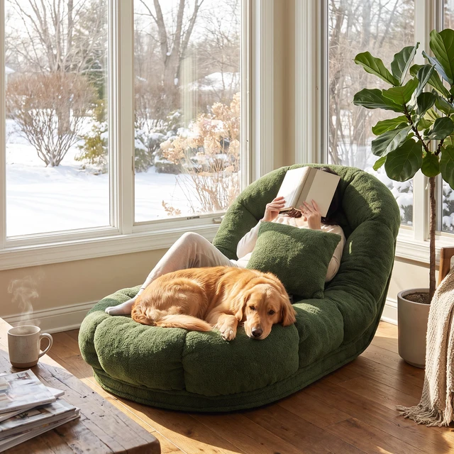 Main image of Convertible Floor Chair and Pet Bed in Adjustable Reclining Lounger with Removable Pillow, Green, Fabric and Metal