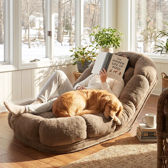 Main image of Convertible Floor Chair and Pet Bed in Light Adjustable Reclining Lounger with Removable Pillow, Light Coffee, Fabric