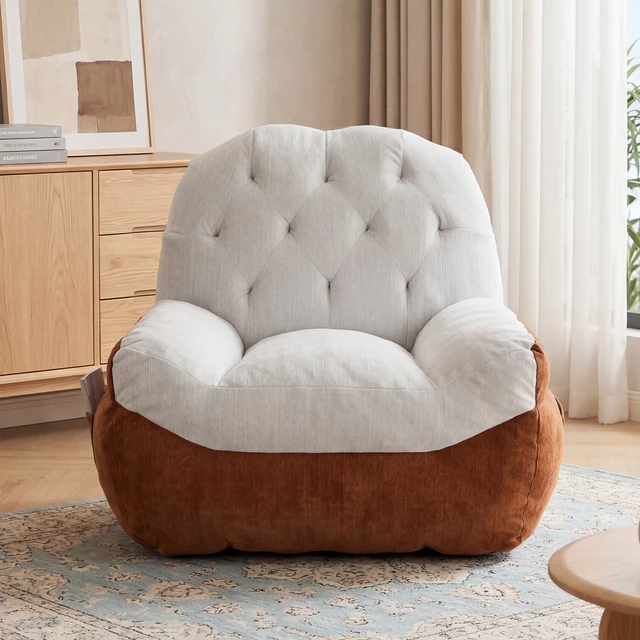 Alt view image 2 of 7 - Tufted Bean Bag Chair, Two Tone Soft Upholstered Accent Chair Lightweight Low Profile Lounge with Side Storage Pocket