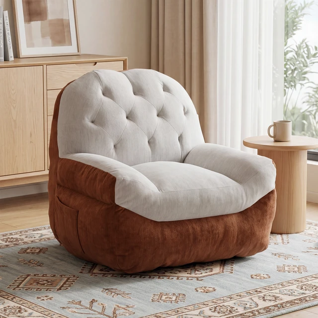 Alt view image 3 of 7 - Tufted Bean Bag Chair, Two Tone Soft Upholstered Accent Chair Lightweight Low Profile Lounge with Side Storage Pocket