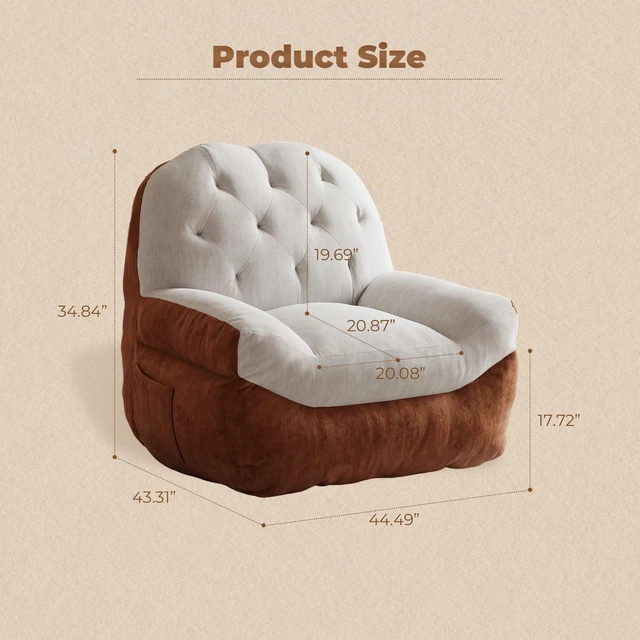 Alt view image 4 of 7 - Tufted Bean Bag Chair, Two Tone Soft Upholstered Accent Chair Lightweight Low Profile Lounge with Side Storage Pocket