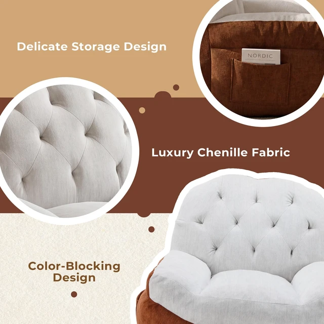 Alt view image 5 of 7 - Tufted Bean Bag Chair, Two Tone Soft Upholstered Accent Chair Lightweight Low Profile Lounge with Side Storage Pocket