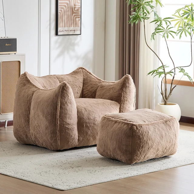 Main image of Faux Rabbit Fur Accent Chair with Ottoman, Cloud Like Lounge Chair Frame Compression Single Sofa for Living, Khaki
