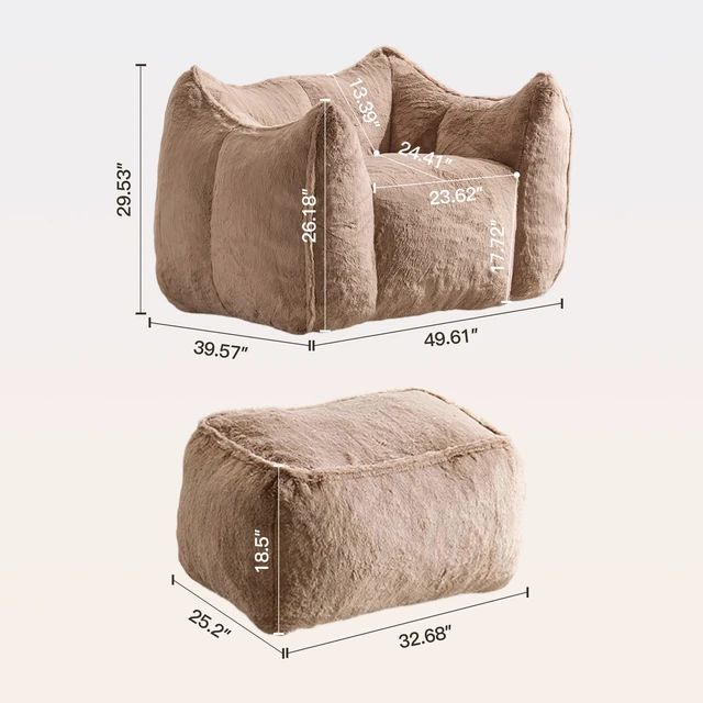 Alt view image 2 of 7 - Faux Rabbit Fur Accent Chair with Ottoman, Cloud Like Lounge Chair Frame Compression Single Sofa for Living, Khaki