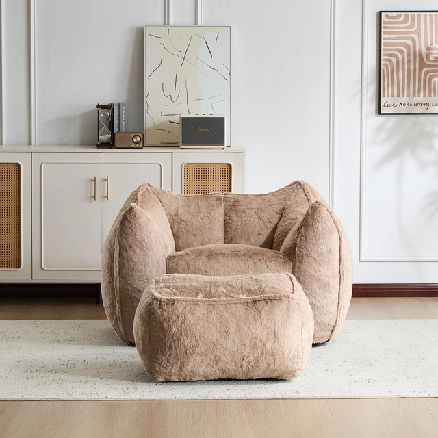 Alt view image 3 of 7 - Faux Rabbit Fur Accent Chair with Ottoman, Cloud Like Lounge Chair Frame Compression Single Sofa for Living, Khaki