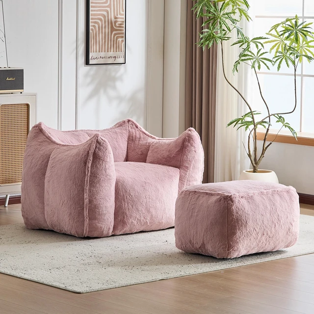 Main image of Faux Rabbit Fur Accent Chair with Ottoman, Cloud Like Lounge Chair Frame Compression Single Sofa for Living, Pink