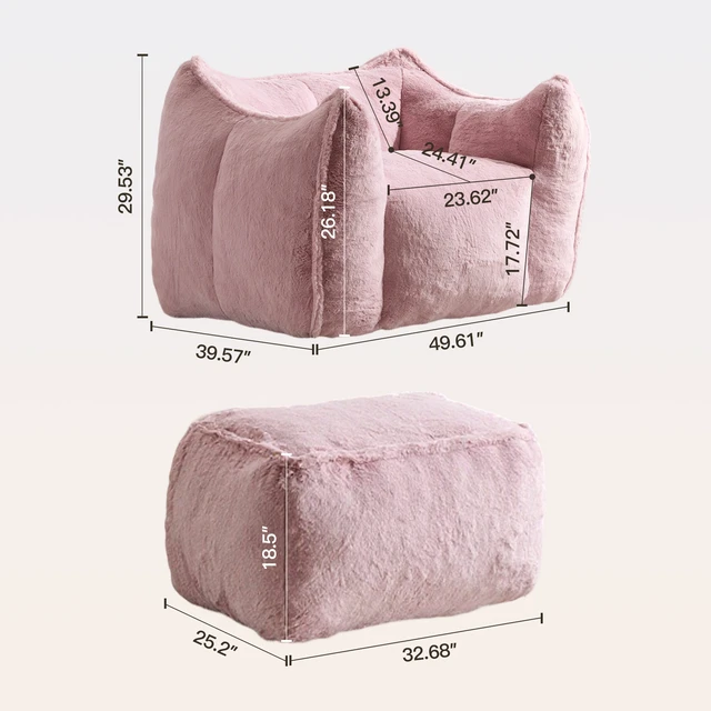 Alt view image 2 of 7 - Faux Rabbit Fur Accent Chair with Ottoman, Cloud Like Lounge Chair Frame Compression Single Sofa for Living, Pink