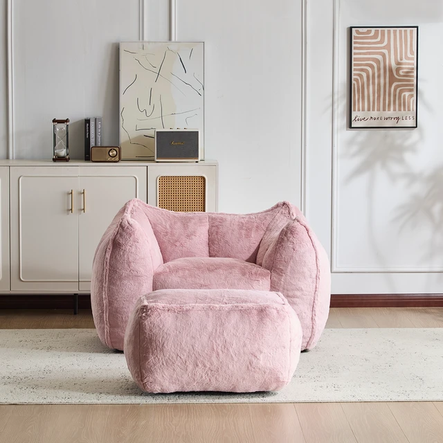 Alt view image 3 of 7 - Faux Rabbit Fur Accent Chair with Ottoman, Cloud Like Lounge Chair Frame Compression Single Sofa for Living, Pink
