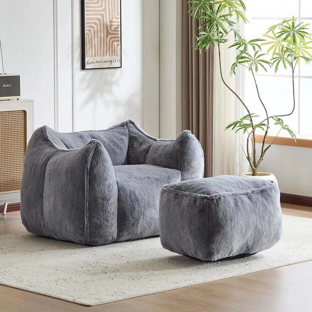 Main image of Faux Rabbit Fur Accent Chair with Ottoman, Cloud Like Lounge Chair Frame Compression Single Sofa for Living, Grey