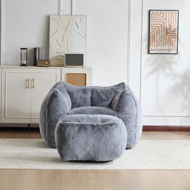 Alt view image 3 of 7 - Faux Rabbit Fur Accent Chair with Ottoman, Cloud Like Lounge Chair Frame Compression Single Sofa for Living, Grey