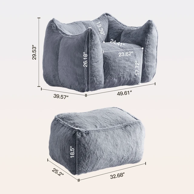Alt view image 2 of 7 - Faux Rabbit Fur Accent Chair with Ottoman, Cloud Like Lounge Chair Frame Compression Single Sofa for Living, Grey