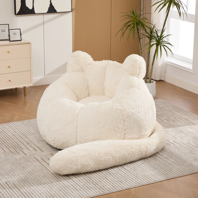 Alt view image 6 of 7 - 41.7 Inch Single Sofa, Faux Fur Large Bean Bag Cat Shaped with Tail Pillow Fluffy Beanbag Accent Floor Chair