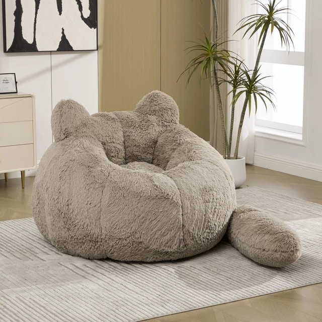 Main image of 41.7 Inch Single Sofa, Faux Fur Large Bean Bag Cat Shaped with Tail Pillow Fluffy Beanbag Accent Floor Chair