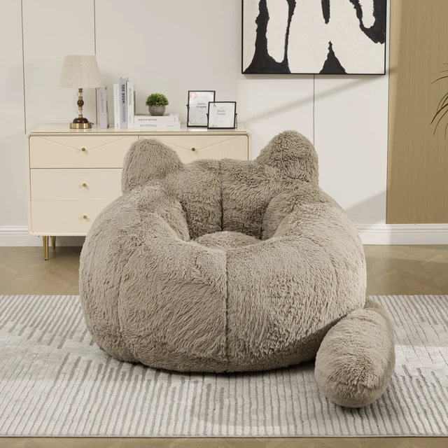 Alt view image 2 of 7 - 41.7 Inch Single Sofa, Faux Fur Large Bean Bag Cat Shaped with Tail Pillow Fluffy Beanbag Accent Floor Chair