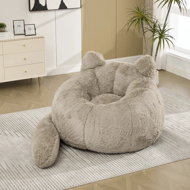 Alt view image 3 of 7 - 41.7 Inch Single Sofa, Faux Fur Large Bean Bag Cat Shaped with Tail Pillow Fluffy Beanbag Accent Floor Chair
