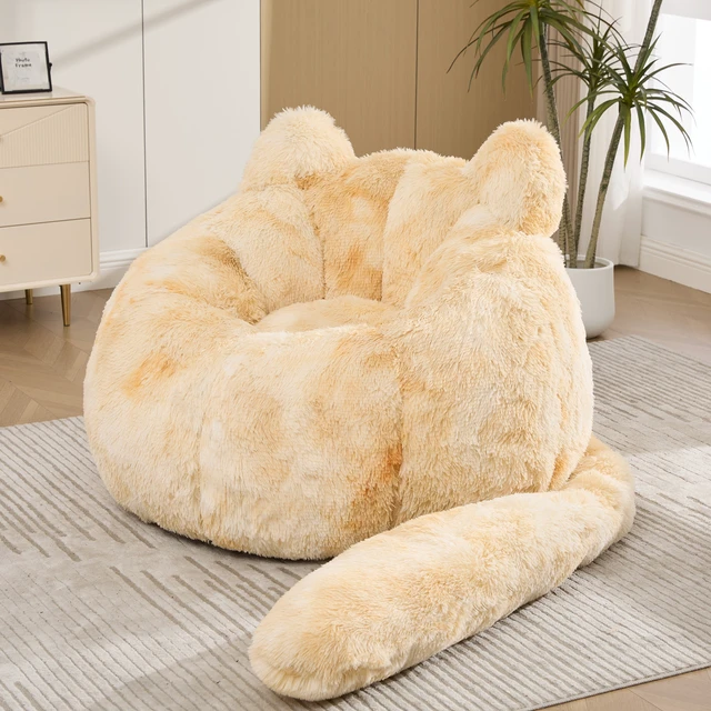 Alt view image 3 of 7 - 41.7 Inch Single Sofa, Faux Fur Large Bean Bag Cat Shaped with Tail Pillow Fluffy Beanbag Accent Floor Chair