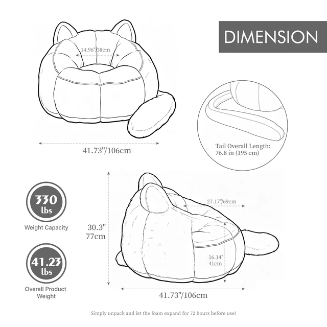 Alt view image 4 of 7 - 41.7 Inch Single Sofa, Faux Fur Large Bean Bag Cat Shaped with Tail Pillow Fluffy Beanbag Accent Floor Chair